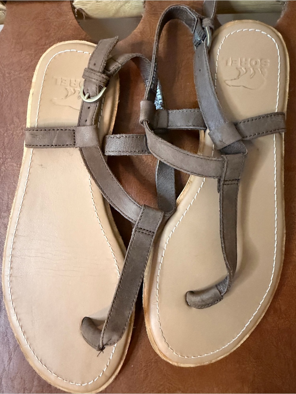 Sorel Brown Leather T-Strap Sandals
